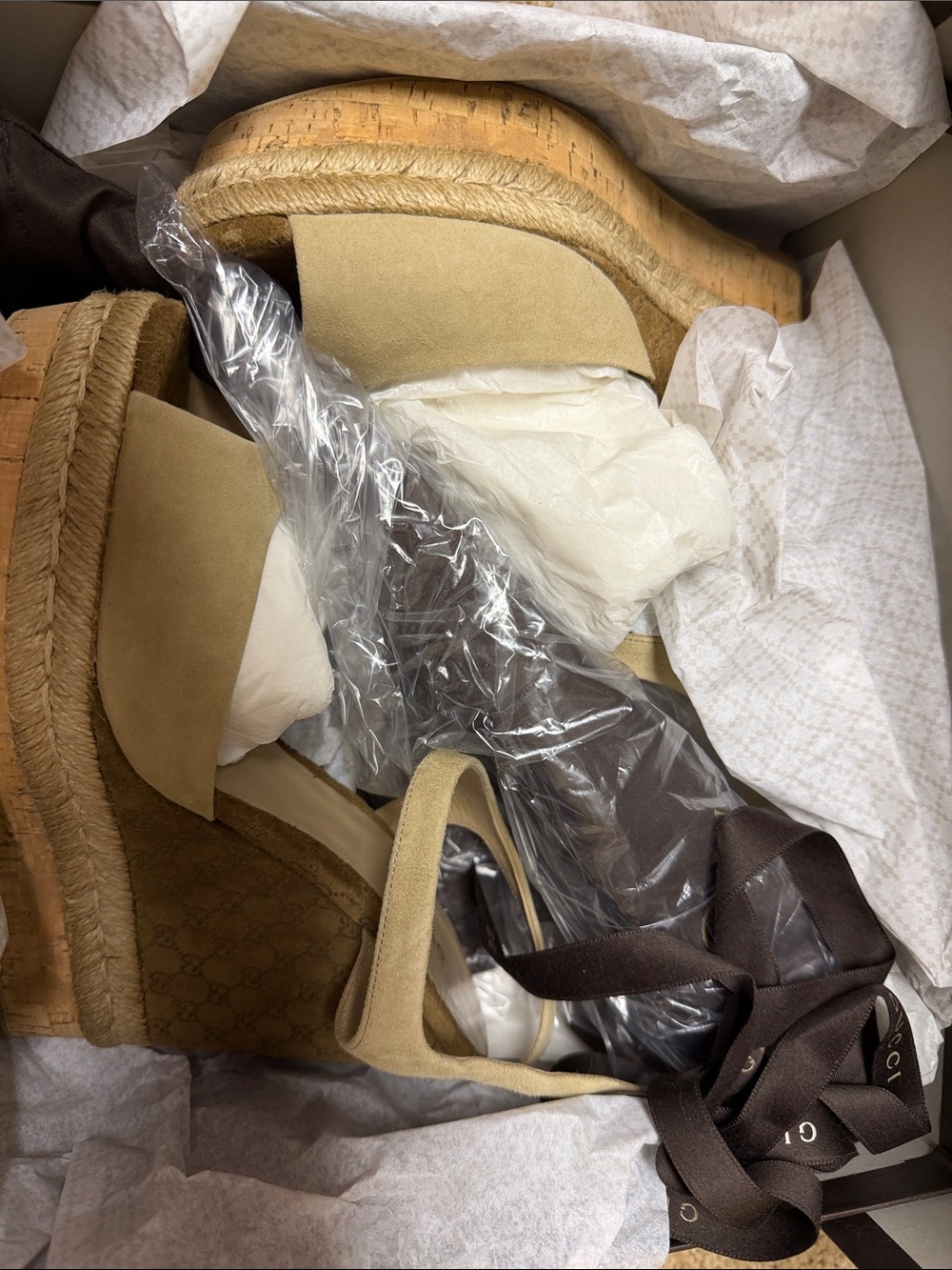 Gucci Tan Suede Espadrille Wedge Sandals
